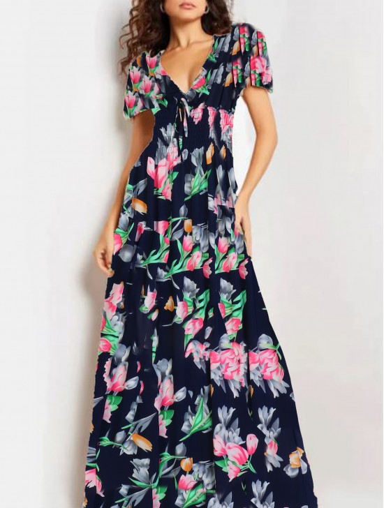 Floral V -Neck Short Sleeved Summer Dress